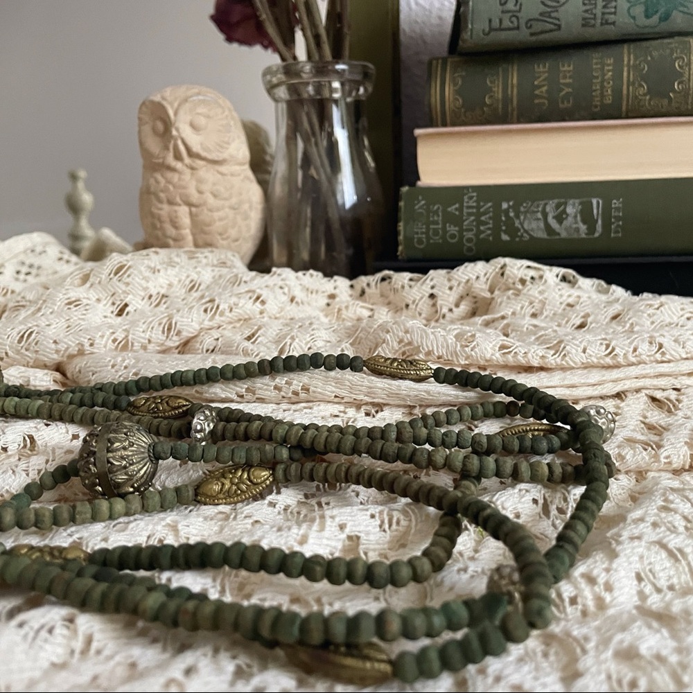 Super Long Green Wooden Beaded Necklace